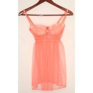 Victoria's Secret Sexy Bright Coral Lace Mesh Fitted Babydoll Nightie Gown 36C